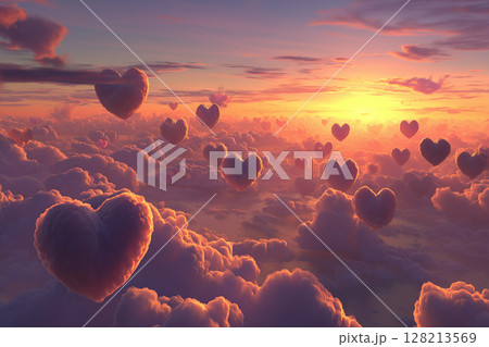 Romantic Hearts in Dreamy Clouds Under a Beautiful Sunset Sky for Love and Inspiration 128213569