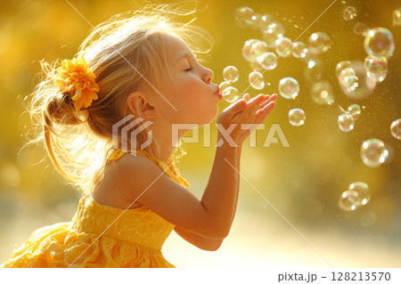 Cheerful Child Blowing Soap Bubbles in a Bright Yellow Dress Amidst a Beautiful Background 128213570