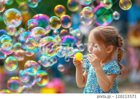 Cheerful Child Blowing Soap Bubbles in a Colorful Outdoor Setting with Joyful Atmosphere 128213571