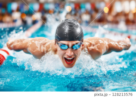 Energetic Male Swimmer Performing Butterfly Stroke in Outdoor Swimming Pool with Splashes of Water 128213576