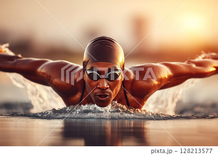 Determined Male Swimmer Executing a Powerful Stroke in an Outdoor Pool at Sunset 128213577