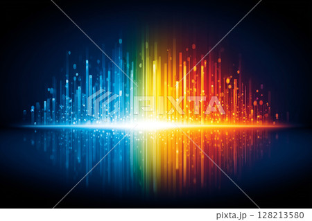 Vibrant Rainbow Striped Background with Colorful Sound Wave and Reflections on Dark Surface 128213580