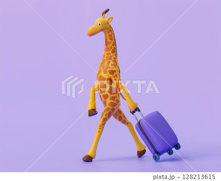 キリンがスーツケースを引いて歩いている キリンがスーツケースを引いて歩いている 128213615