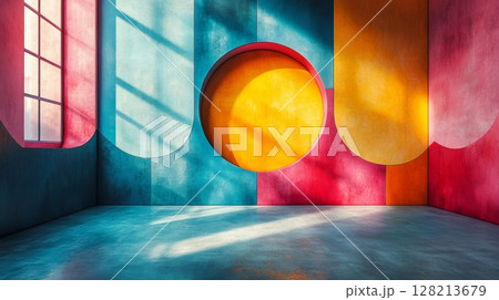 Colorful geometric interior with sunlight and shadows, creative design concept 128213679