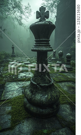 Moss-covered chess pieces on ancient stone board in misty forest, mysterious and atmospheric scene 128213680