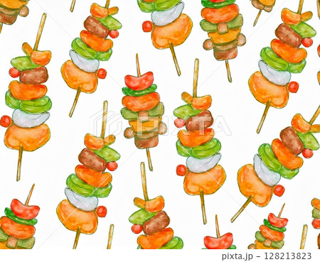 水彩画風のかわいい焼き鳥のパターン背景 水彩画風のかわいい焼き鳥のパターン背景 128213823