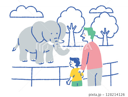 動物園でゾウを見ている親子_色 128214126