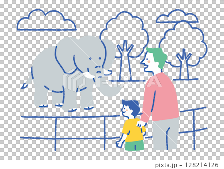 動物園でゾウを見ている親子_色 128214126
