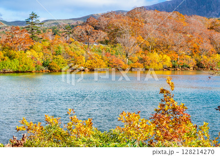 秋田　紅葉に染まる須川湖 128214270