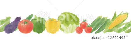 横に並んだ夏野菜の水彩風イラスト　シームレスパターン 128214484