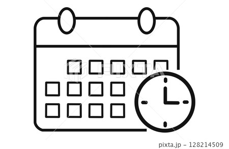 スケジュール管理を示すカレンダーと時計の線画アイコン 128214509