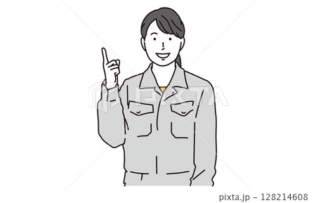上に指差しする作業服を着た女性のイラスト素材 上に指差しする作業服を着た女性のイラスト素材 128214608