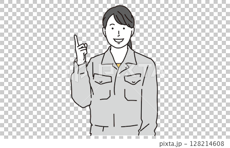 上に指差しする作業服を着た女性のイラスト素材 上に指差しする作業服を着た女性のイラスト素材 128214608