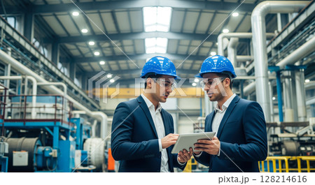 Engineers using tablets while standing beside large industrial machinery. The concept of smart manufacturing, digital engineering, and real-time monitoring in modern industry. Generative AI. 128214616