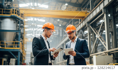 Engineers using tablets while standing beside large industrial machinery. The concept of smart manufacturing, digital engineering, and real-time monitoring in modern industry. Generative AI. 128214617