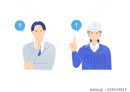 建設業界の課題解決 考える作業員とアイデアをひらめく現場監督のベクターイラスト素材 128214623