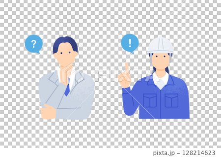 建設業界の課題解決 考える作業員とアイデアをひらめく現場監督のベクターイラスト素材 128214623