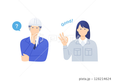 建設現場で働く男女 アイデアが生まれる瞬間 問題解決のベクターイラスト素材 128214624