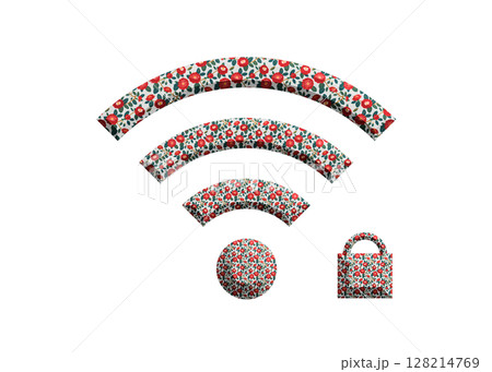鍵のついた赤い花柄のWi-Fiマークのイラスト wifiのアイコン ピクトグラム 128214769