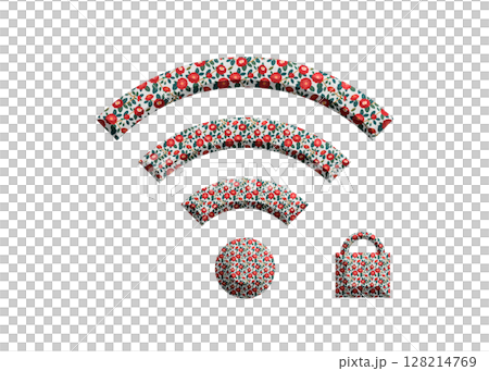 鍵のついた赤い花柄のWi-Fiマークのイラスト wifiのアイコン ピクトグラム 128214769