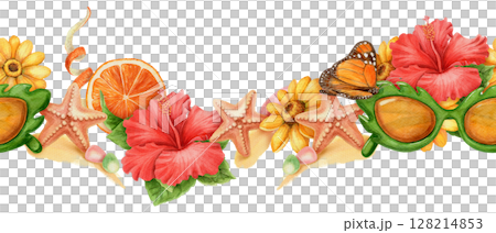 Seamless border with butterfly sunglasses and tropical flower in vibrant summer theme. Hand drawn watercolor art with red green and orange details. Perfect for card design holiday and travel vibe. Seamless border with butterfly sunglasses and tropical flower in vibrant summer theme. Hand drawn watercolor art with red green and orange details. Perfect for card design holiday and travel vibe. 128214853