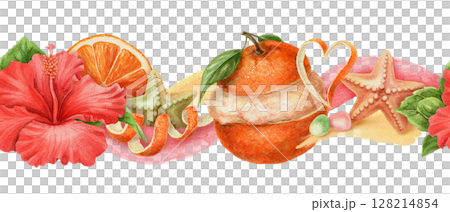 Seamless tropical border with ice cream fruit and starfish in bright summer theme. Hand drawn watercolor in red and orange tones. Perfect for holiday card design or beach decor and food illustration. Seamless tropical border with ice cream fruit and starfish in bright summer theme. Hand drawn watercolor in red and orange tones. Perfect for holiday card design or beach decor and food illustration. 128214854