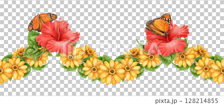 Curved seamless summer border with sunflower hibiscus and monarch butterfly. Hand drawn watercolor in vivid yellow red and green. Perfect for card design decoration and seasonal holiday template. 128214855