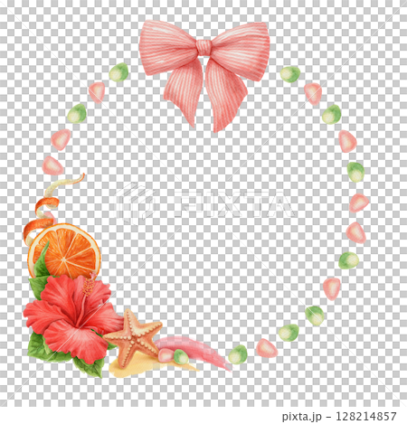 Round watercolor wreath with red hibiscus flower sea glass and starfish. Hand drawn summer design in vivid tones. Great for tropical card template holiday artwork and seasonal nature illustration. 128214857