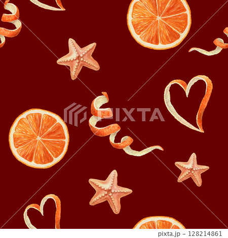Orange slice with heart shaped peel and starfish seamless pattern. Watercolor summer illustration on maroon background. Ideal for fabric or wallpaper print design and tropical decorative concept. 128214861