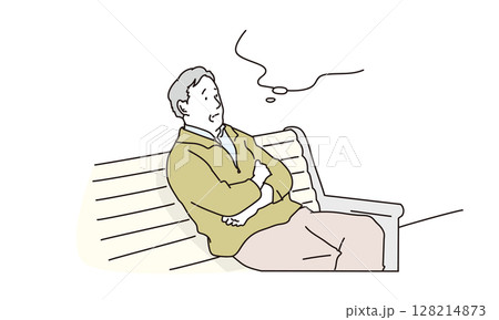 ベンチで考え事をするシニア男性のイラスト素材 ベンチで考え事をするシニア男性のイラスト素材 128214873