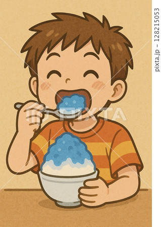 かき氷を頬張る男の子の夏イラスト 128215053