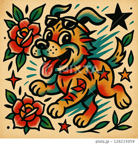 ファンキーな犬のアメリカントラッド風タトゥーイラスト 128215059