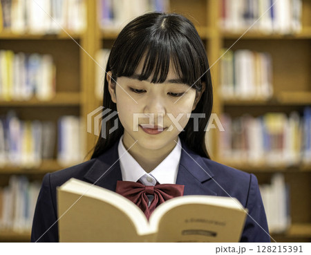 図書館で読書に集中する女子高校生（制服）｜学習・知識・教育のイメージ 128215391