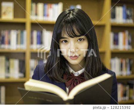 図書館で本を読む女子高校生がカメラを見つめる｜学習・集中・知性のイメージ 128215392