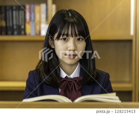図書館で読書する女子高校生｜まっすぐ見つめる知的なまなざし 128215413
