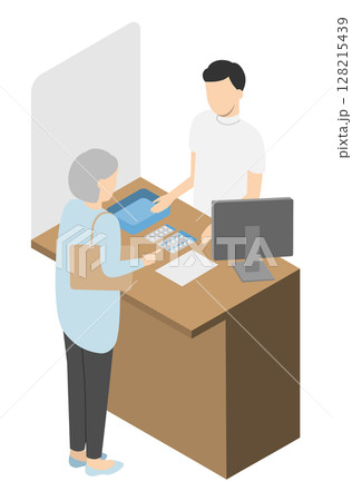 カウンターで高齢者に服薬指導をする薬剤師の男性3 128215439