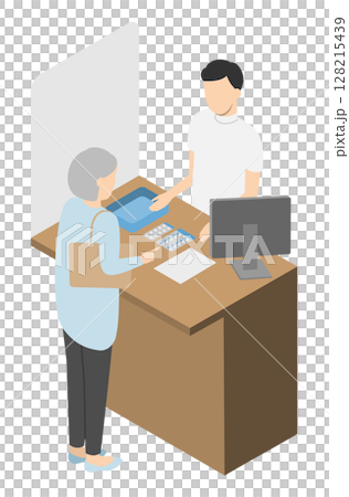 カウンターで高齢者に服薬指導をする薬剤師の男性3 128215439