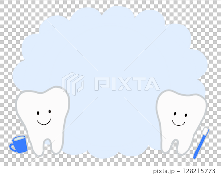 歯ブラシ＆コップを持つ歯のキャラクターとふわふわ水色のやさしい見出し枠 128215773