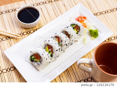 Sake roll with salmon, avocado and cucumber Sake roll with salmon, avocado and cucumber 128216170