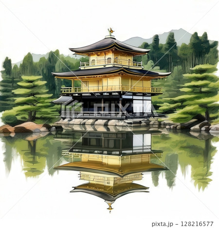 an AI Image Generator, Golden Pavilion with Scenic Reflection Amidst Serene Mountain Landscape 128216577