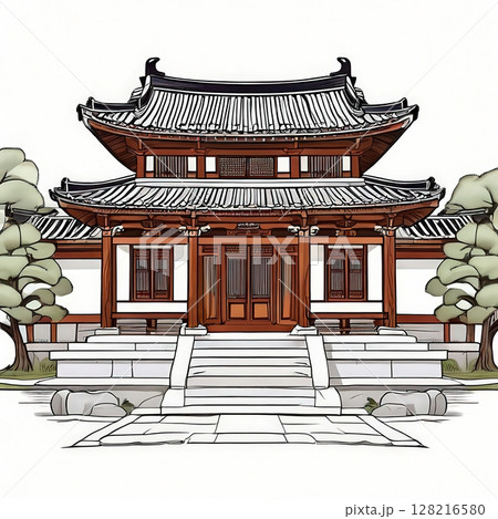 an AI Image Generator, Traditional Japanese Temple Illustration with Ornate Architecture 128216580