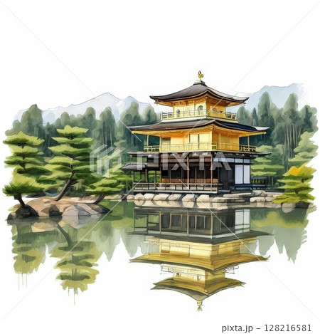 an AI Image Generator, Golden Pavilion with Scenic Reflection Amidst Serene Mountain Landscape 128216581