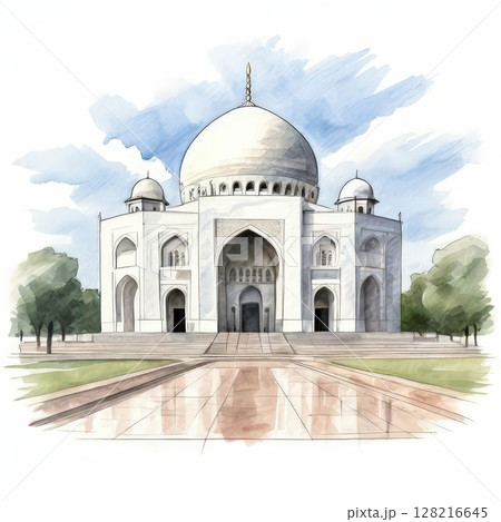 an AI Image Generator, Watercolor Illustration of the Majestic Taj Mahal in India 128216645