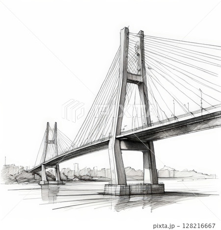 an AI Image Generator, Architectural Sketch of a Modern Cable-Stayed Bridge 128216667
