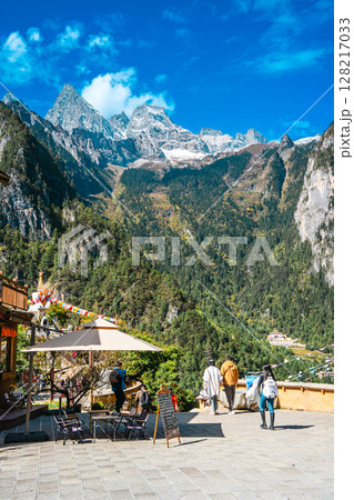 Tourist Plaza in a Tibetan Village with Mountain Views 128217033