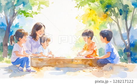 お砂場で遊ぶ保母さんと子どもたちの水彩風イラスト お砂場で遊ぶ保母さんと子どもたちの水彩風イラスト 128217122