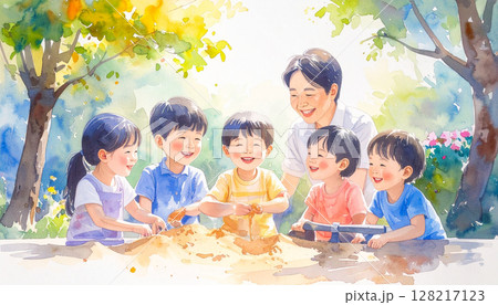 お砂場遊びを見守る保母さんと子どもたちの水彩風イラスト お砂場遊びを見守る保母さんと子どもたちの水彩風イラスト 128217123