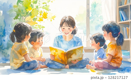 保育士さんが絵本を読み聞かせるの水彩風イラスト 保育士さんが絵本を読み聞かせるの水彩風イラスト 128217127