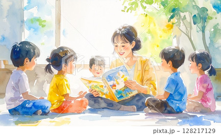 絵本を読む先生と子どもたちの水彩風イラスト 128217129