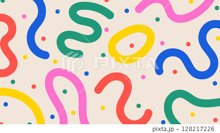 Fun abstract background with multi colored squiggly lines. Doodle design with hand drawn colorful shapes, stripes and dots Fun abstract background with multi colored squiggly lines. Doodle design with hand drawn colorful shapes, stripes and dots 128217226